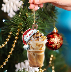 Personalized Caramel Iced Latte Ornament, Custom Name Santa Hat Coffee Drink Christmas Ornament, Holiday Tree Decoration for Coffee Lovers