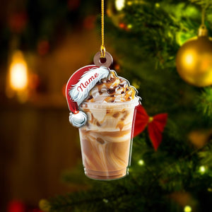 Personalized Caramel Iced Latte Ornament, Custom Name Santa Hat Coffee Drink Christmas Ornament, Holiday Tree Decoration for Coffee Lovers