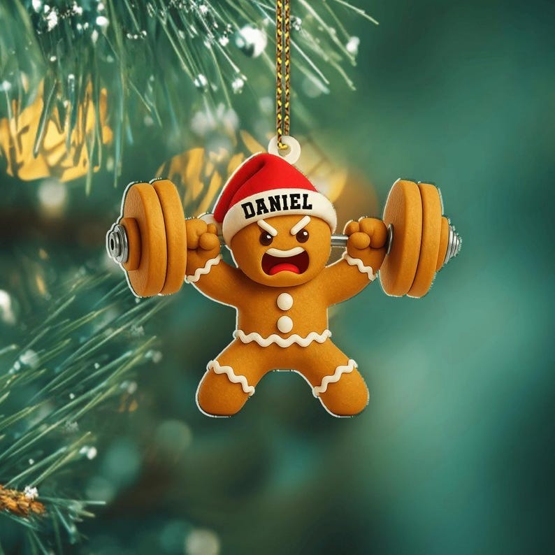 2D Personalized Gingerbread Weightlifting Ornament, Gym Christmas Gift, Custom Fitness Ornament, Bodybuilder Xmas Decor, Workout Ornament