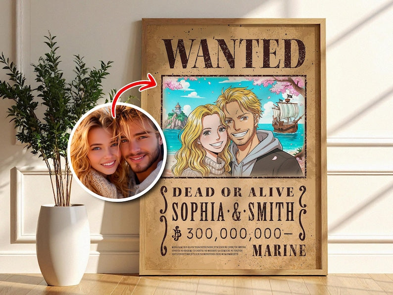 Custom Anime Wanted Poster: Personalized Pirate Portrait, Gift For Couple, Family, Anniversary Gift