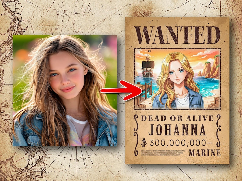 Custom Anime Wanted Poster: Personalized Pirate Portrait, Gift For Couple, Family, Anniversary Gift