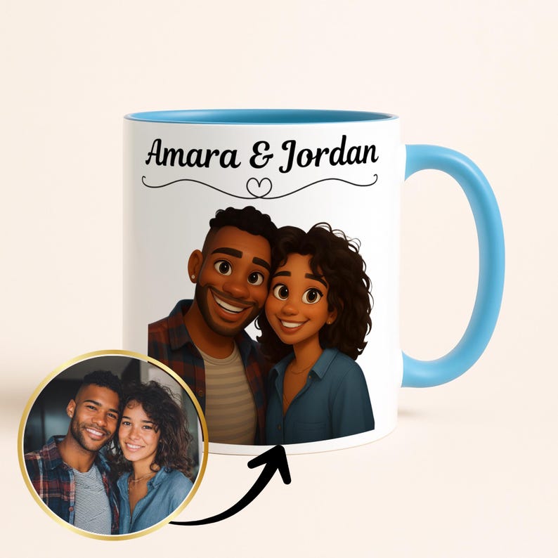 Custom 3D Animated-Style Mug, Personalised Couple Illustration Cup, Unique Couple Gift Idea, Gift for Partner, Cartoon Portrait for Couples