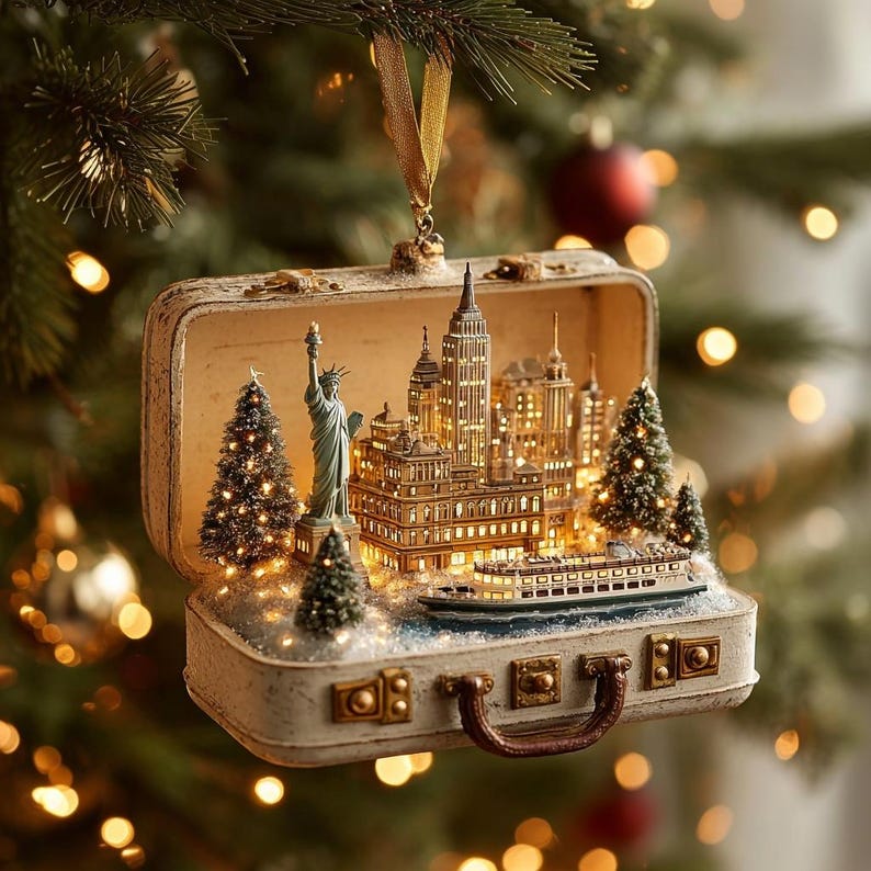 Personalized New York City Ornament | Custom Travel Suitcase Diorama | NYC Skyline Christmas Decor | Unique Holiday Keepsake Gift