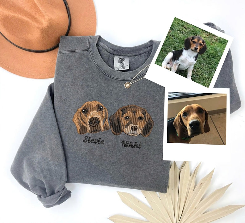 Custom Dog Face Embroidered Sweatshirt or Hoodie, Custom Pet Gift, Dog &Cat Mom Gift, Pet Memorial Gift, Up to 6 Pets