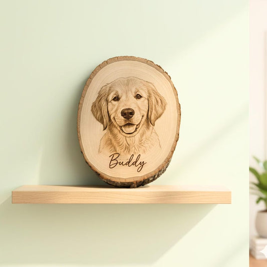 Pet Memorial Plaque - Personalized Dog photo engraved live edge wood slab Custom Pet Tribute