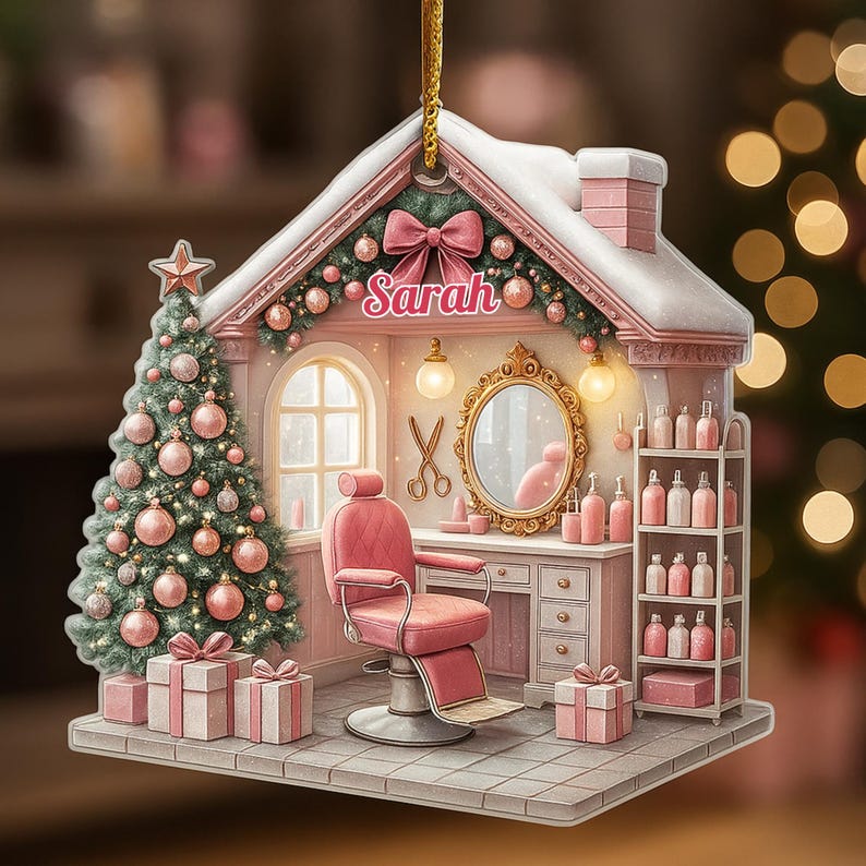 Personalized Hair Salon Christmas Ornament 2D Flat Acrylic Ornament For Hairdressers Hair Stylist Gifts Custom Name Hair Salon Decor