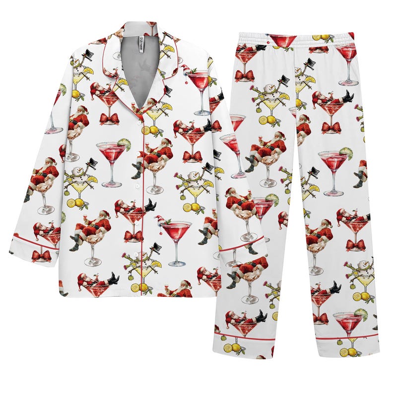 Funny Santa Christmas Pajamas for Women, Cocktail Print Sleepwear