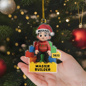 Master Builder Personalized Ornament 2025, Custom Acrylic Christmas Ornament for Kids, Lego Style Ornament Gift for Boys or Girls