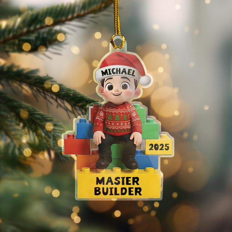 Master Builder Personalized Ornament 2025, Custom Acrylic Christmas Ornament for Kids, Lego Style Ornament Gift for Boys or Girls