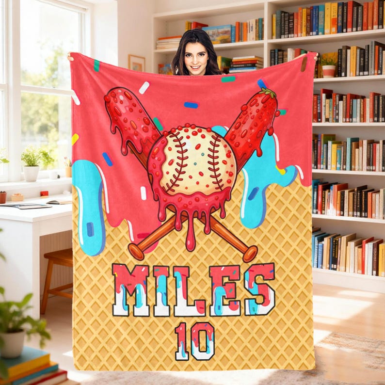 Personalized Ice Cream Drip Baseball Blankets, Custom Name Blanket Gifts for Players Birthday