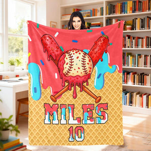 Personalized Ice Cream Drip Baseball Blankets, Custom Name Blanket Gifts for Players Birthday