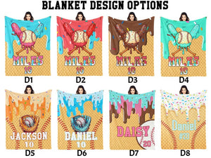 Personalized Ice Cream Drip Baseball Blankets, Custom Name Blanket Gifts for Players Birthday