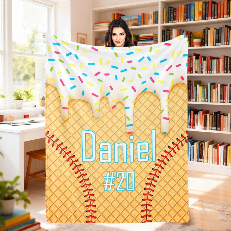 Personalized Ice Cream Drip Baseball Blankets, Custom Name Blanket Gifts for Players Birthday