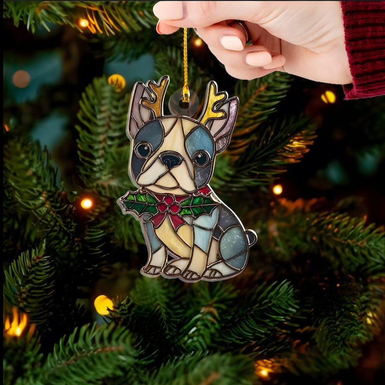 Merry Paws French Bulldog 2D FLAT Acrylic Ornament, Stained Effect Ornament, Holiday Tree Decoration Gift for Pet Lovers and Dog Owners