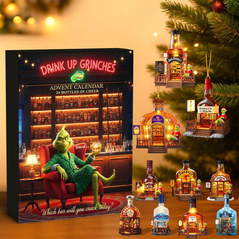 Christmas Green Character Advent Calendar 2025, 24 Bottles Of Cheer, Holiday Vehicle Countdown Box, 24 Mini Ornament.