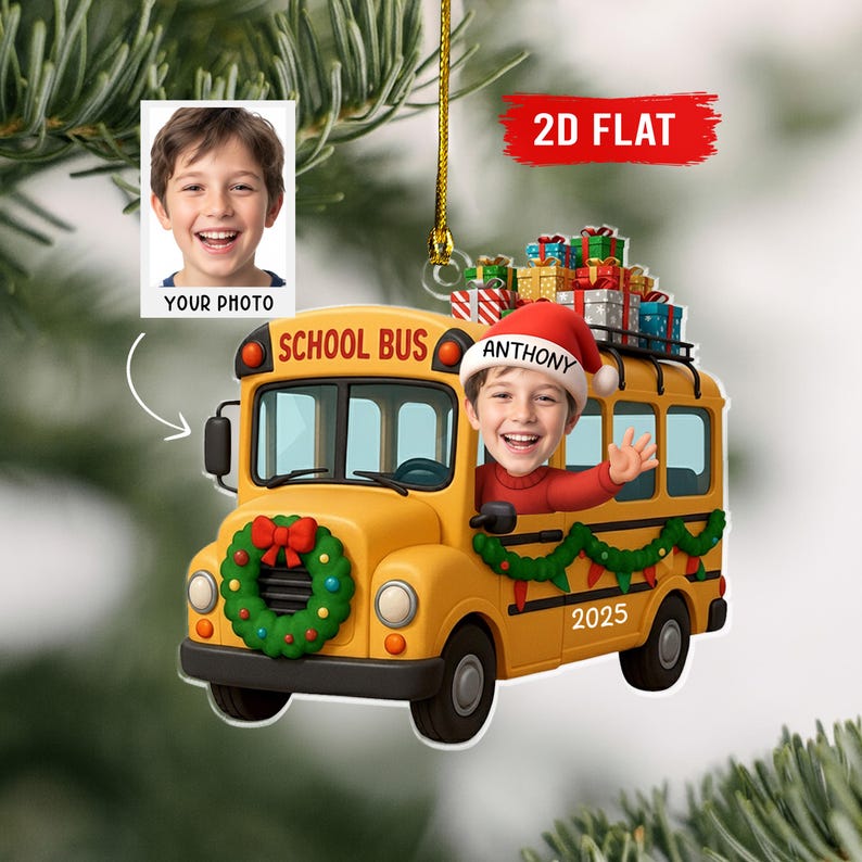 Personalized Kids Driving Photo Ornament, Custom Baby Face & Transportation Ornament, Kids Train Bus Plane Truck 2D Flat Keepsake
