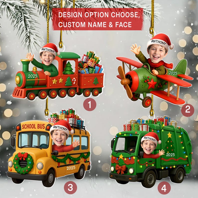 Personalized Kids Driving Photo Ornament, Custom Baby Face & Transportation Ornament, Kids Train Bus Plane Truck 2D Flat Keepsake