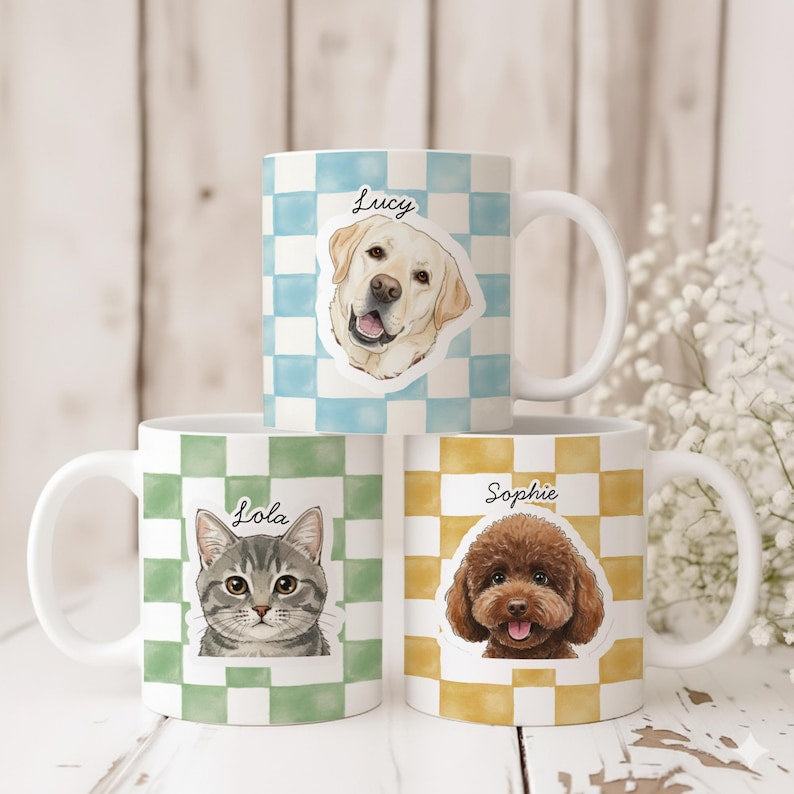 Personalized Pet Mug, Custom Checkered Dog Mug, Cat Mom Gift, Pet Portrait Mug, Custom Pet Gifts, Dog Mom Mug, Gift For Pet Owner