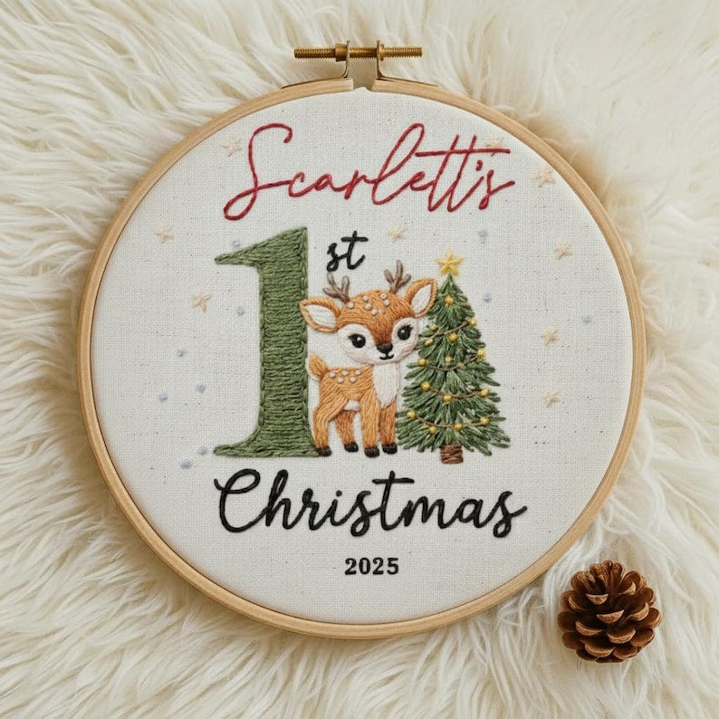 Baby’s First Christmas 2025 Ornament, Hand Embroidered Hoop Art, Personalized Keepsake, Baby Boy Girl Gift, Home Decor