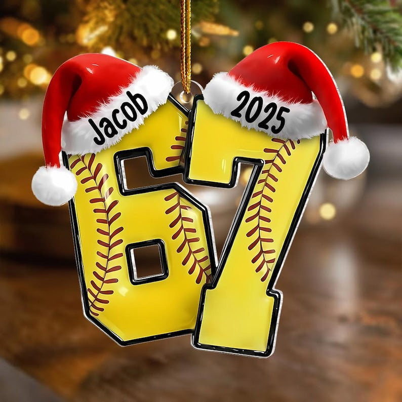 Custom Name 67 Sport Acrylic Ornament, Soccer Baseball Volleyball Basketball Ornament, Six Seven Ornament Gen Alpha Humor, 67 Meme Ornament