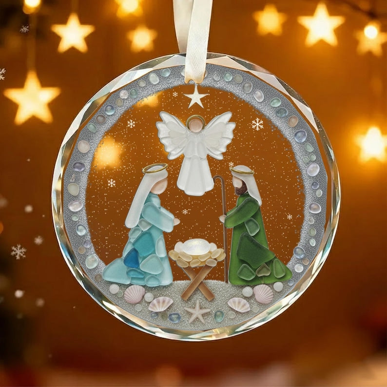Nativity Christmas Seaglass Ornament, Religious Jesus Birth Ornament, Meaningful Christmas Gift, Baby Jesus Ornament, Christian Gift