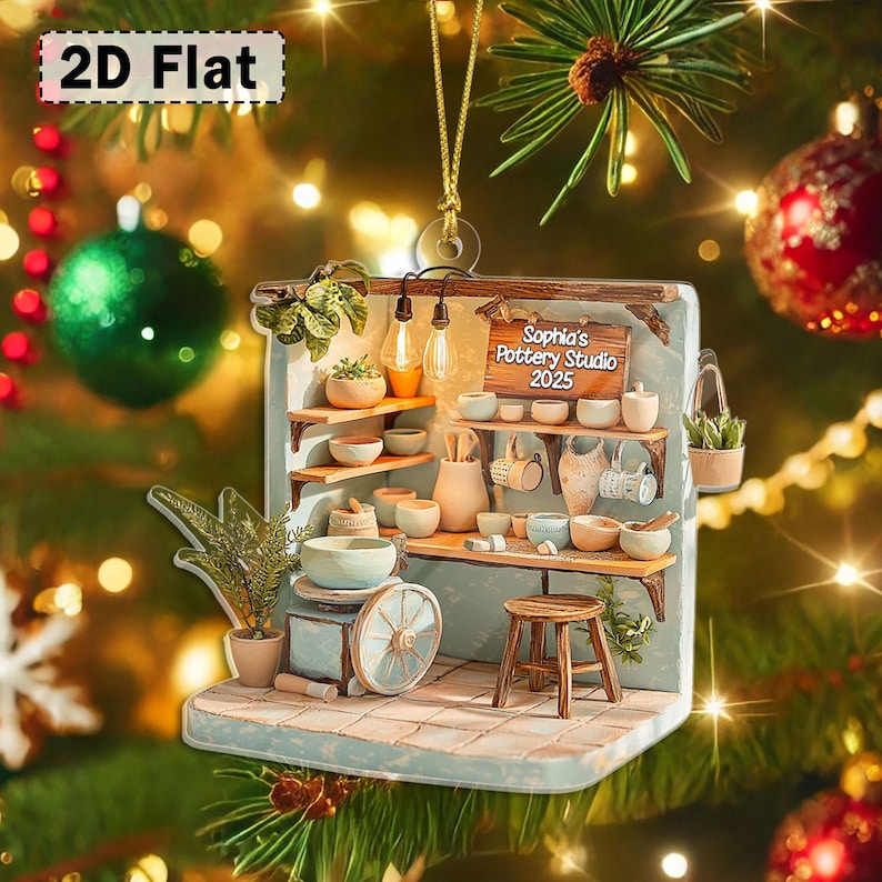 2D Flat Pottery Studio Acrylic Ornament, Personalized Clay Artist Ornament, Ceramic Maker Christmas Gift for Creatives