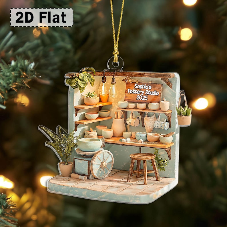 2D Flat Pottery Studio Acrylic Ornament, Personalized Clay Artist Ornament, Ceramic Maker Christmas Gift for Creatives