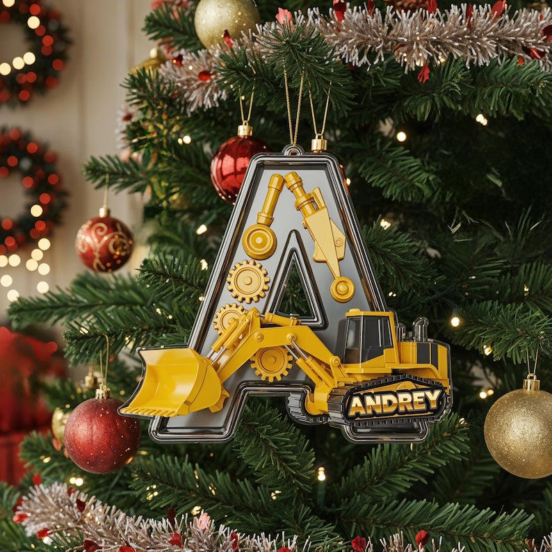 Personalized Construction Truck Letter Ornament 2025, Custom Name Acrylic Christmas Gift, Excavator Decor, Kids Xmas Sale Ornament