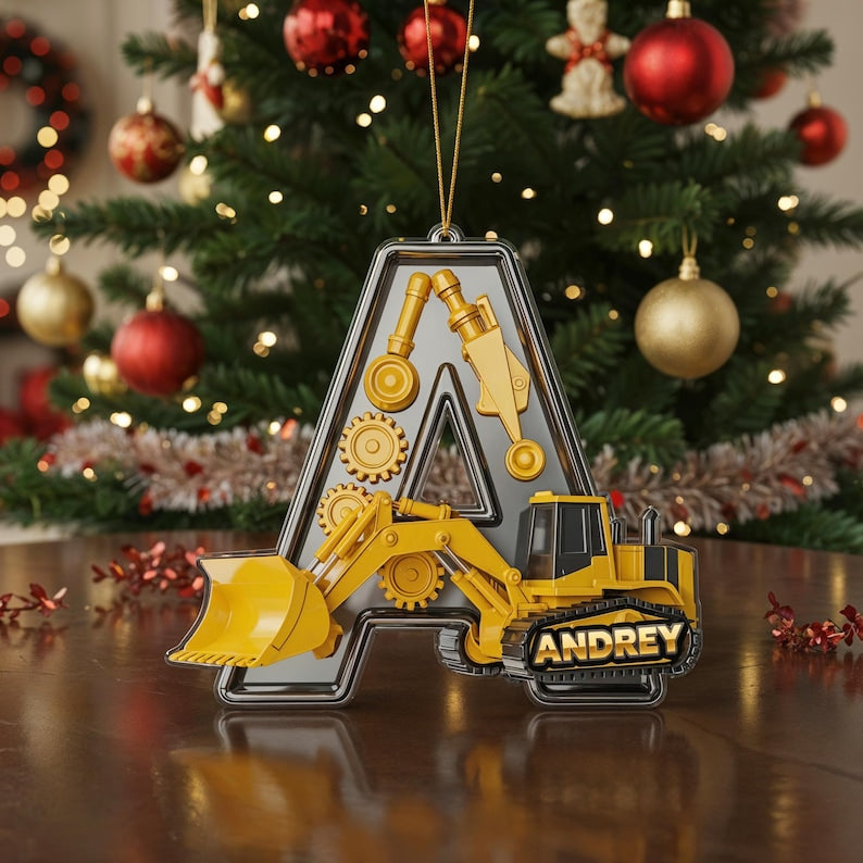 Personalized Construction Truck Letter Ornament 2025, Custom Name Acrylic Christmas Gift, Excavator Decor, Kids Xmas Sale Ornament