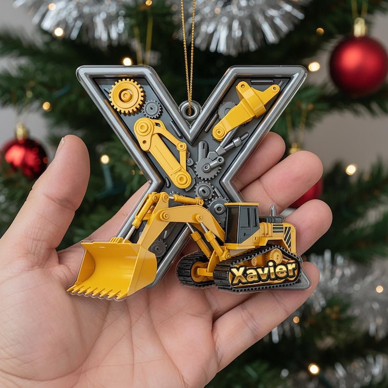 Personalized Construction Truck Letter Ornament 2025, Custom Name Acrylic Christmas Gift, Excavator Decor, Kids Xmas Sale Ornament