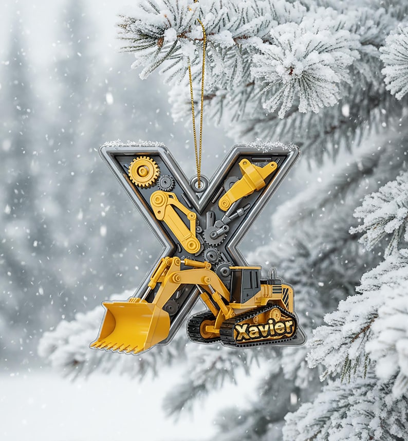 Personalized Construction Truck Letter Ornament 2025, Custom Name Acrylic Christmas Gift, Excavator Decor, Kids Xmas Sale Ornament