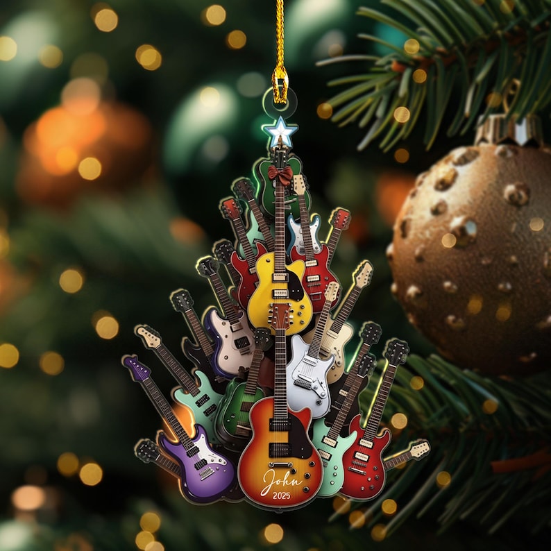 Personalized Guitar Tree Ornament, Custom Electric Guitar Christmas Decor, Music Lover Gift, Musician Gift, 2D Flat Guitar Player Keepsake