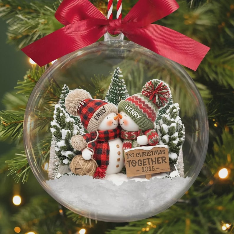 Custom Snowman Couple 3D Acrylic Ball Ornament, Personalized Anniversary Christmas Wedding Gifts For Husband And Wife, Him And Her