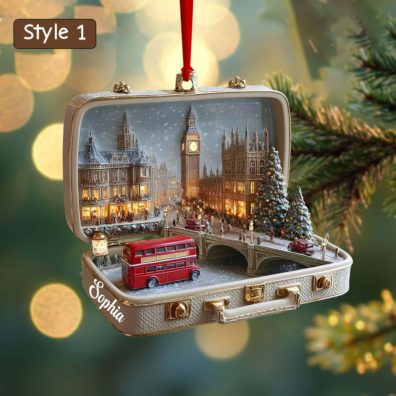 Detailed London Cityscape Christmas Ornament | Handcrafted Suitcase Diorama | Holiday Travel Keepsake Decor