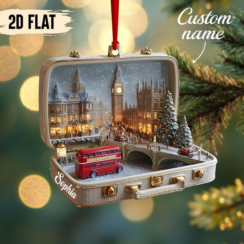 Detailed London Cityscape Christmas Ornament | Handcrafted Suitcase Diorama | Holiday Travel Keepsake Decor