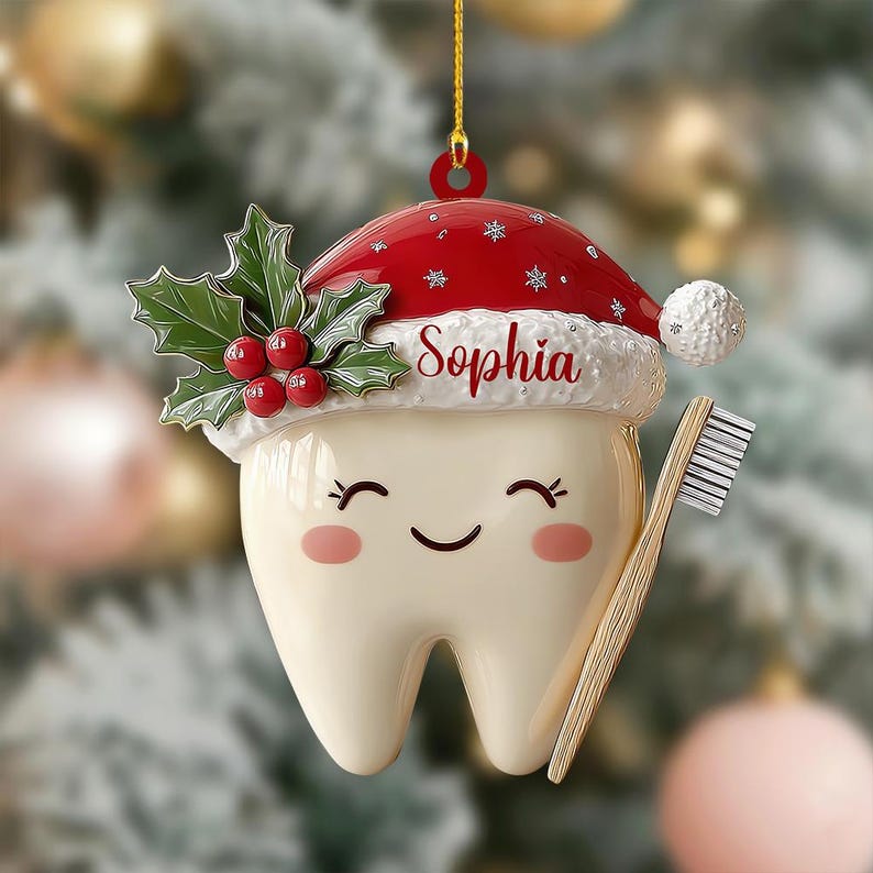 Personalized Tooth Ornament, Cute Tooth 2D Flat Christmas Ornament, Custom Dental Gift, Santa Hat Tooth Decoration, Kids Tooth Keepsake