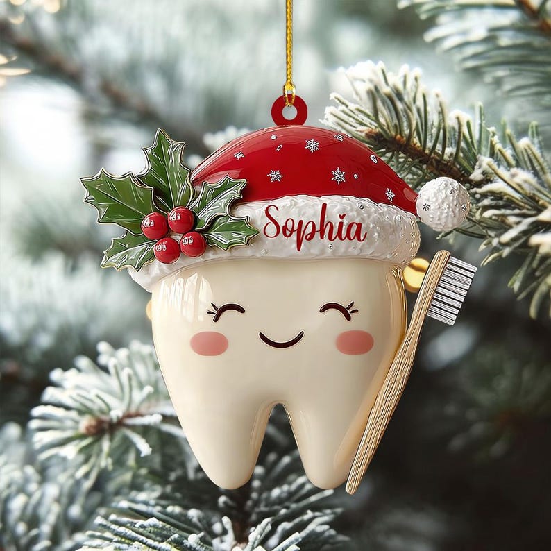Personalized Tooth Ornament, Cute Tooth 2D Flat Christmas Ornament, Custom Dental Gift, Santa Hat Tooth Decoration, Kids Tooth Keepsake