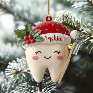 Personalized Tooth Ornament, Cute Tooth 2D Flat Christmas Ornament, Custom Dental Gift, Santa Hat Tooth Decoration, Kids Tooth Keepsake