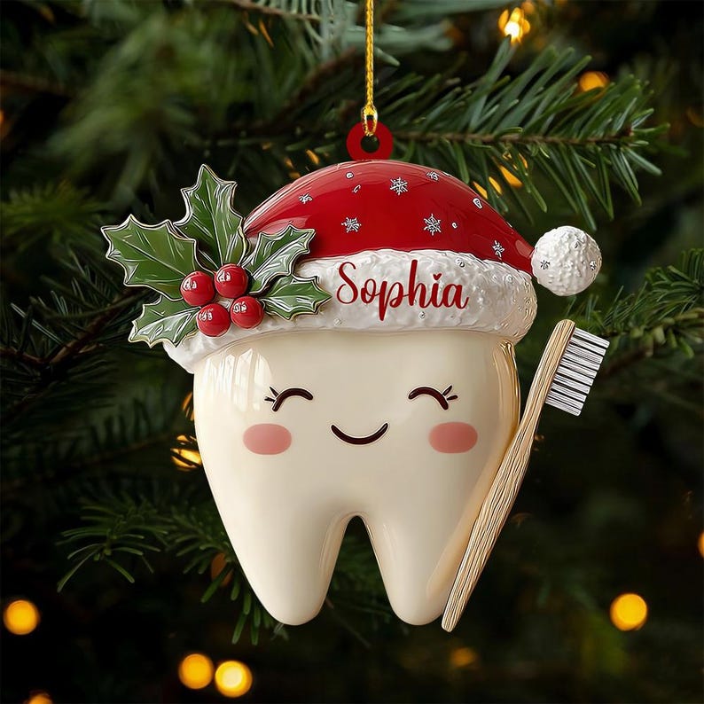 Personalized Tooth Ornament, Cute Tooth 2D Flat Christmas Ornament, Custom Dental Gift, Santa Hat Tooth Decoration, Kids Tooth Keepsake