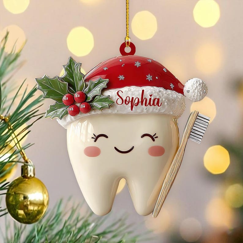 Personalized Tooth Ornament, Cute Tooth 2D Flat Christmas Ornament, Custom Dental Gift, Santa Hat Tooth Decoration, Kids Tooth Keepsake