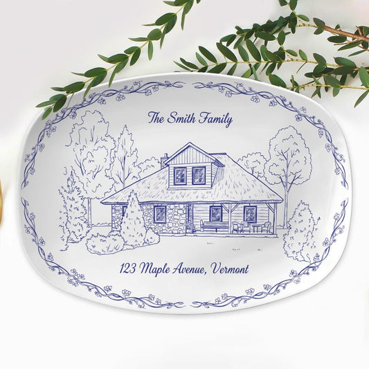 Personalized House Photo Platter: Custom Chinoiserie Style Decor Plate