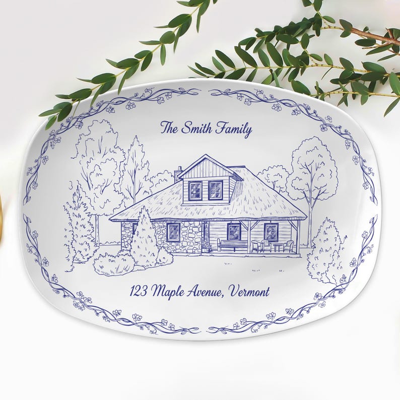 Personalized House Photo Platter: Custom Chinoiserie Style Decor Plate