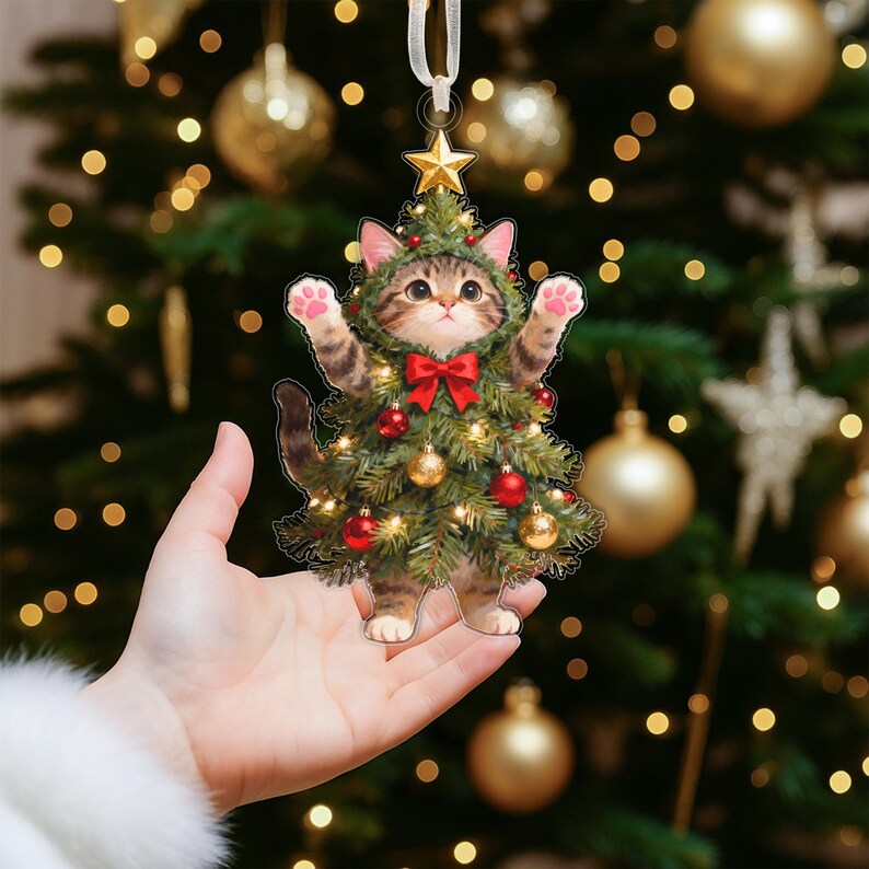 Cat Christmas Tree Ornament, Funny Kitten Ornament, Gift for Cat Lovers, Christmas Cat Decor, Pet Lover Ornament, Holiday Gift Box