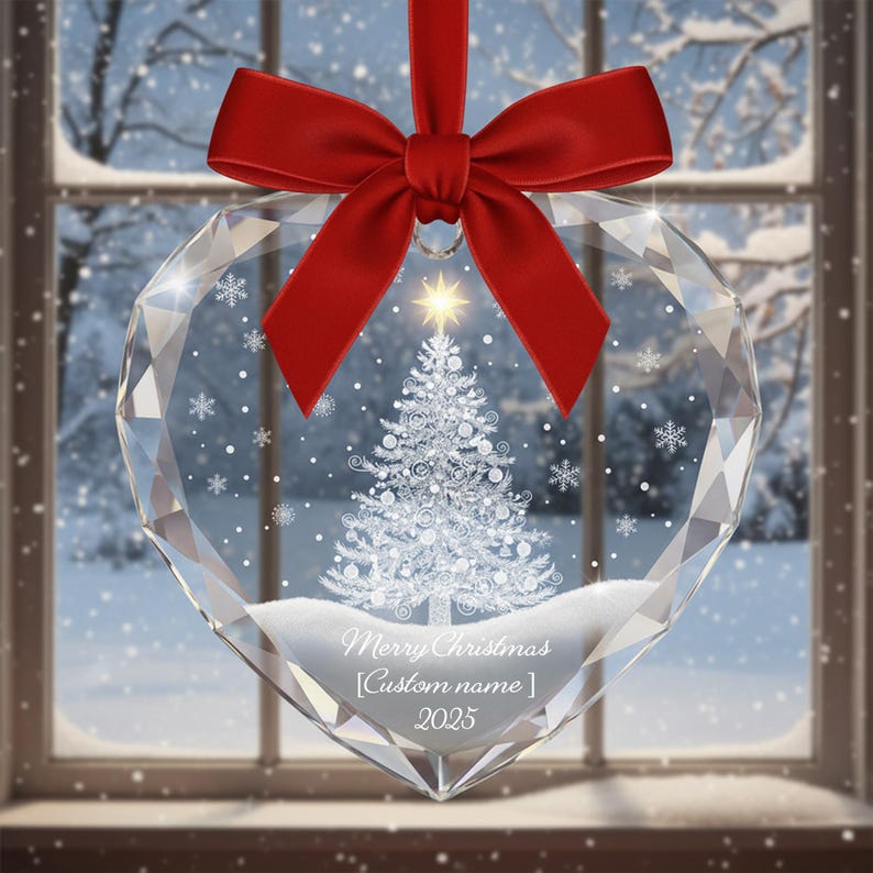 Personalized Glass Heart Ornament, Custom Name Xmas Ornament 2025, Double Sided Crystal Christmas Ornament, Holiday Gift