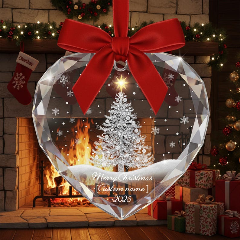 Personalized Glass Heart Ornament, Custom Name Xmas Ornament 2025, Double Sided Crystal Christmas Ornament, Holiday Gift