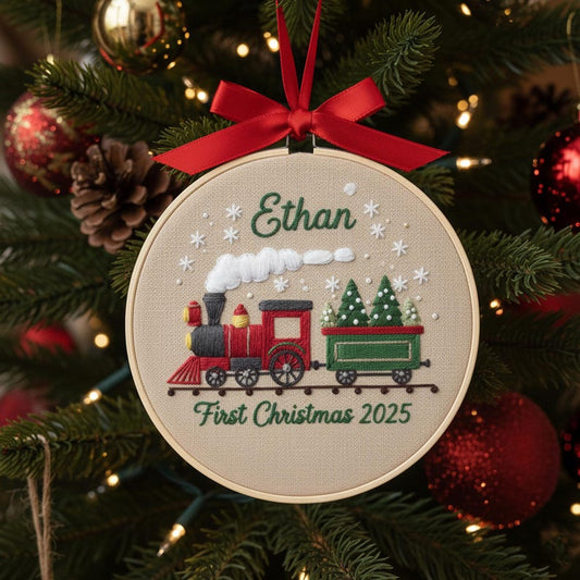 Personalized Baby’s First Christmas Ornament 2025, Custom Embroidered Train Hoop Decor, Newborn Keepsake Gift, Nursery Holiday Decoration