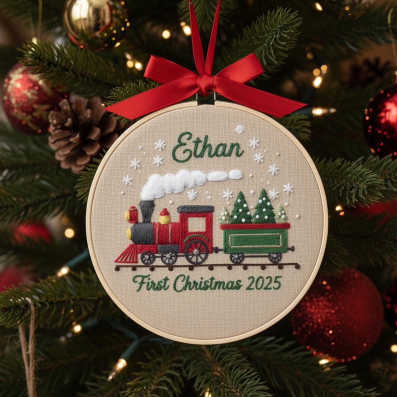 Personalized Baby’s First Christmas Ornament 2025, Custom Embroidered Train Hoop Decor, Newborn Keepsake Gift, Nursery Holiday Decoration