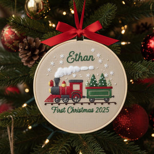 Personalized Baby’s First Christmas Ornament 2025, Custom Embroidered Train Hoop Decor, Newborn Keepsake Gift, Nursery Holiday Decoration