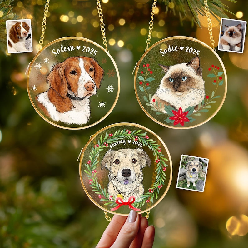 Custom Pet Portrait Glass Ornament, Dog Christmas Ornament, Pet Lover Gift, Pet Memorial Gift, Dog Lover Gift, Pet Christmas Decor
