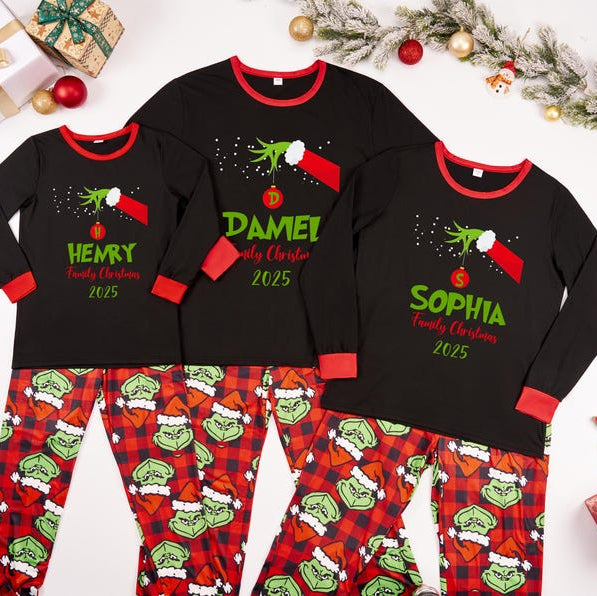 Grinch Family Christmas Pajamas Set, Personalized Matching Holiday Pajamas , Custom Name Grinch Tee, Xmas Family Pajama Set, Christmas Gifts